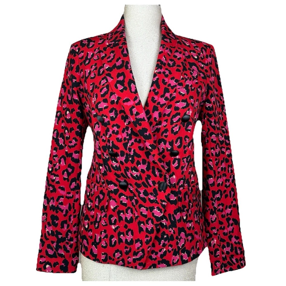L'AGENCE Kenzie Double Breasted Blazer Jacket Womens 6 Red Animal Print Office
